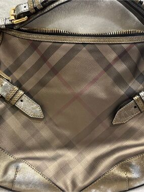 Authentic Burberry Nova Check Shoulder Bag | Metallic Bronze Leather Trim
